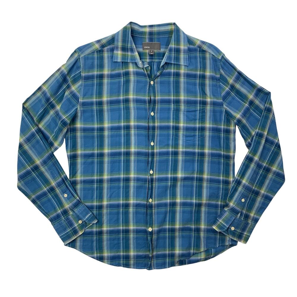 Vince Shirt Men M Medium Blue Pear Green Plaid Long Sleeve Button Up Lightweight